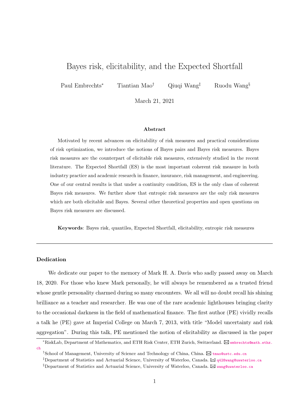 Bayes Risk, Elicitability, and the Expected Shortfall