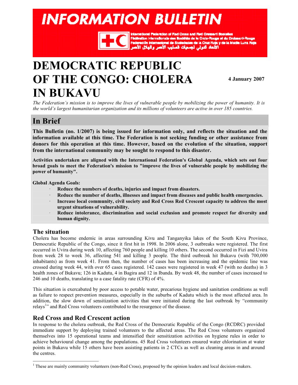 Democratic Republic of the Congo: Cholera in Bukavu; Information Bulletin No