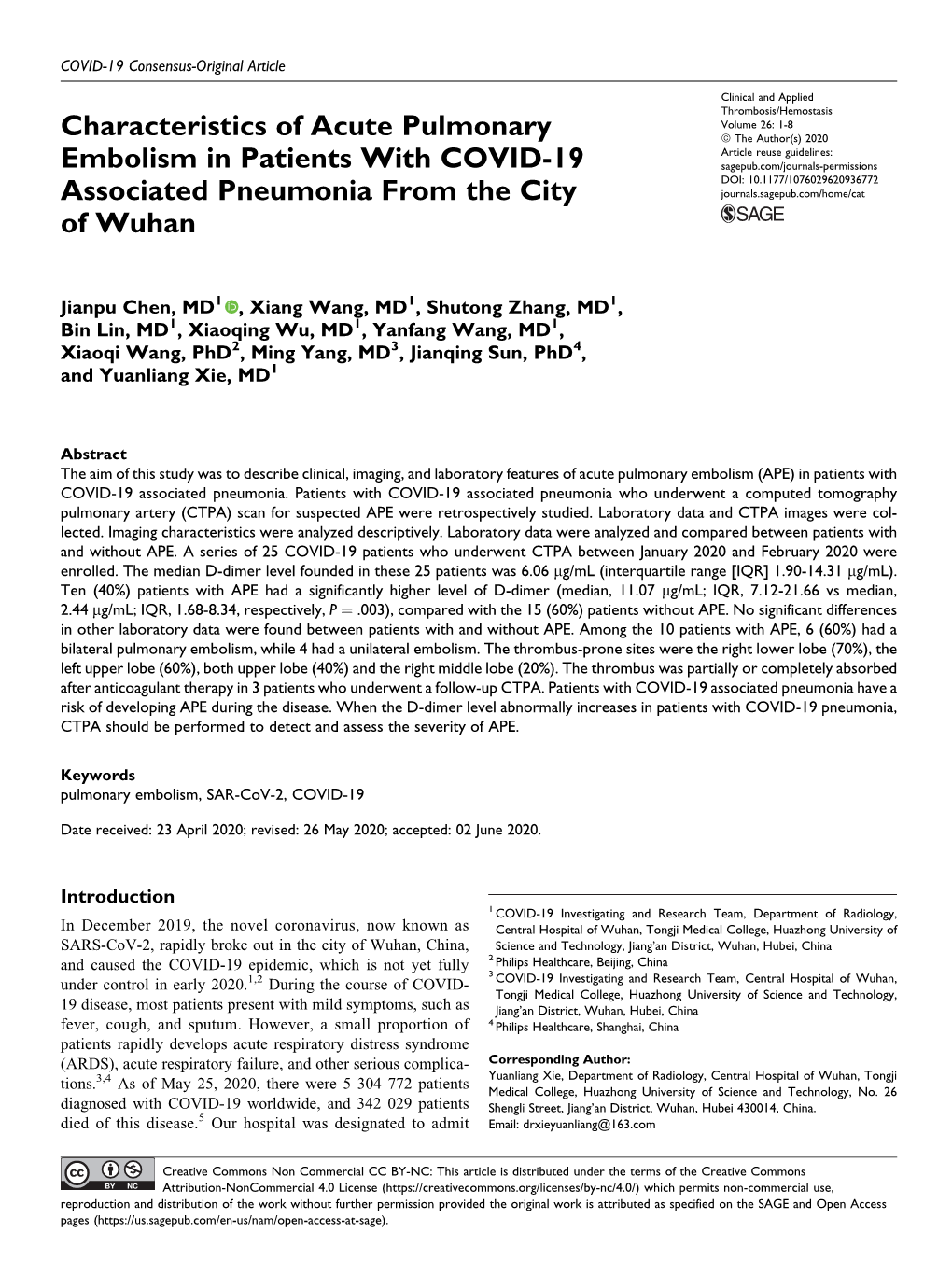 Characteristics of Acute Pulmonary Embolism in Patients with COVID-19 Associated Pneumonia from the City of Wuhan