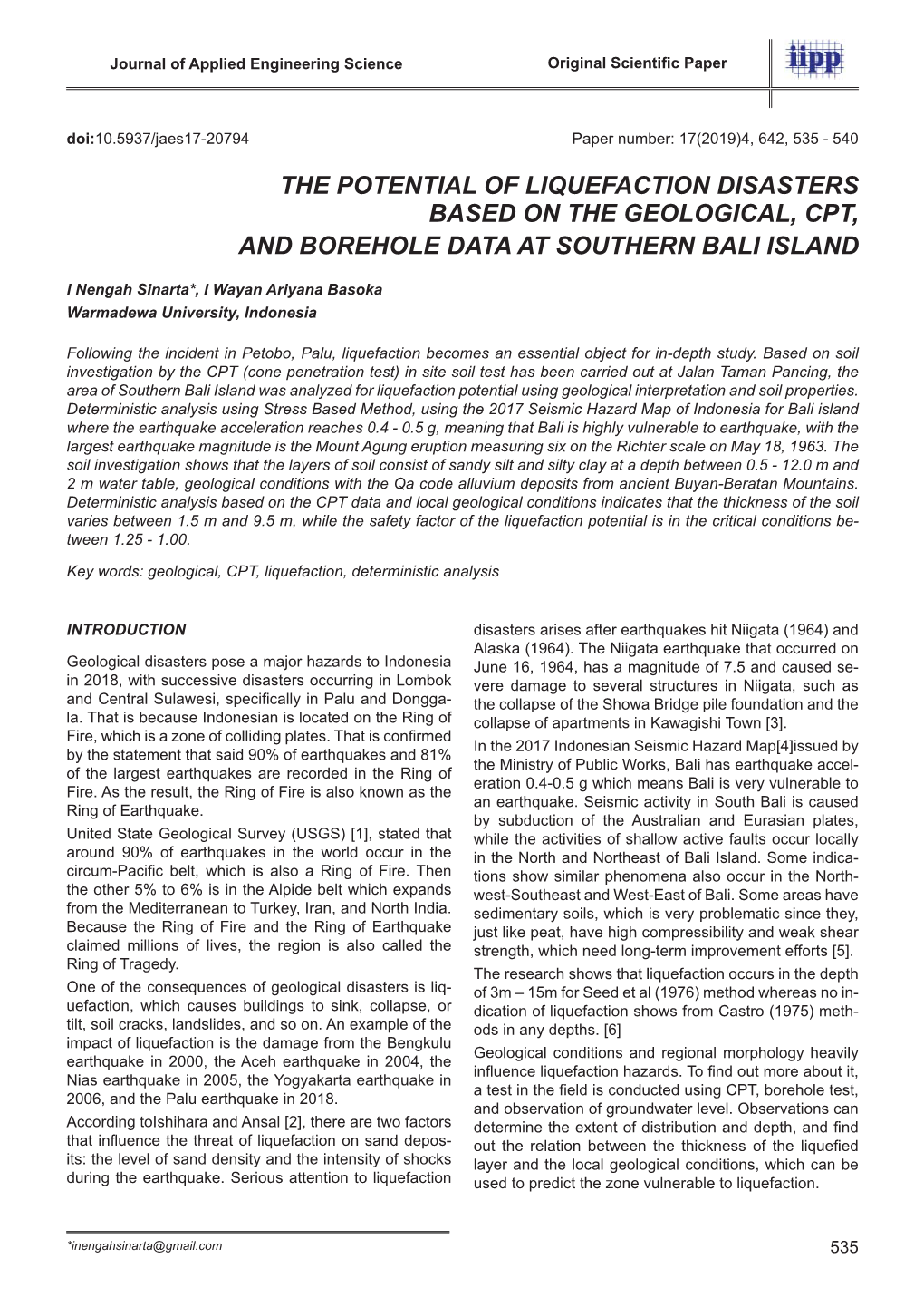 The Potential of Liquefaction Disasters Based on the Geological, Cpt, and Borehole Data at Southern Bali Island