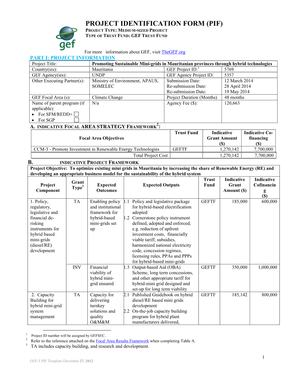 Project Identification Form (Pif) Project Type: Medium-Sized Project Type of Trust Fund: Gef Trust Fund