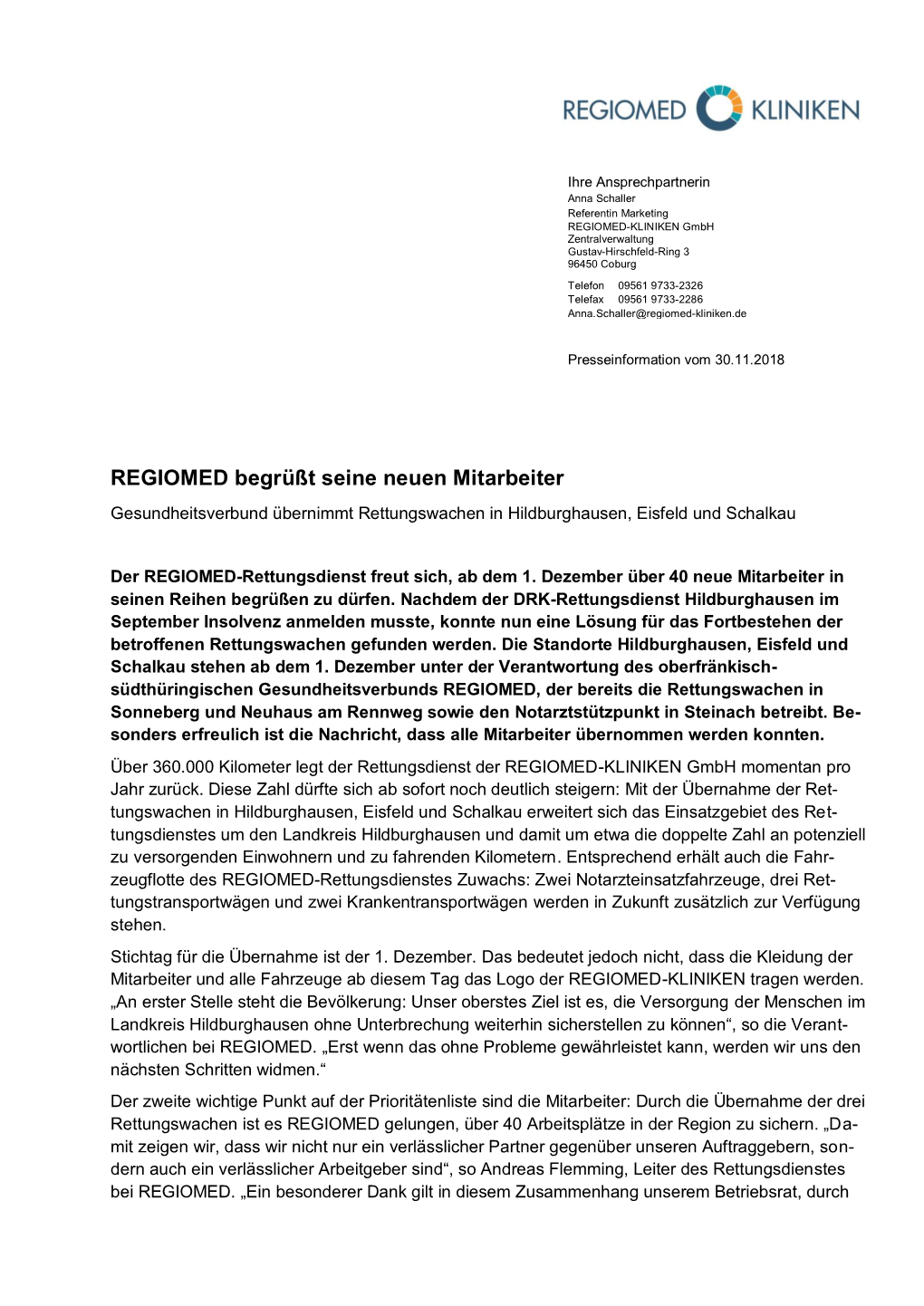 REGIOMED Begrüßt Seine Neuen Mitarbeiter Gesundheitsverbund Übernimmt Rettungswachen in Hildburghausen, Eisfeld Und Schalkau