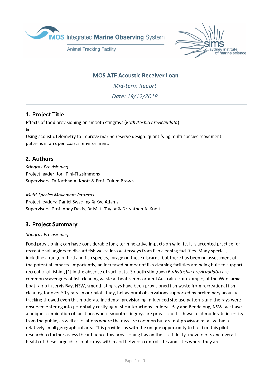 IMOS ATF Acoustic Receiver Loan Mid-Term Report Date: 19/12/2018