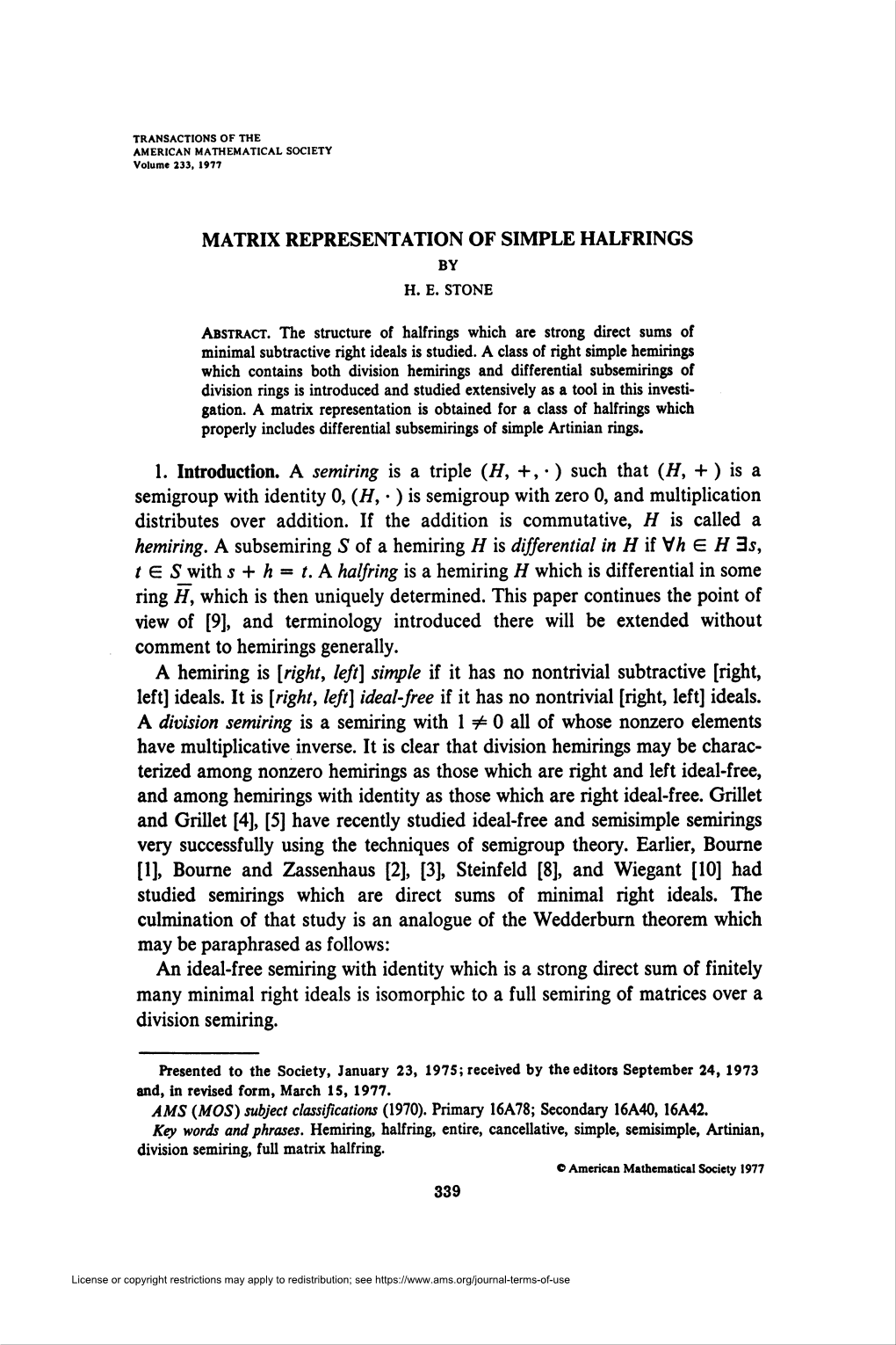 Matrix Representation of Simple Halfrings 341