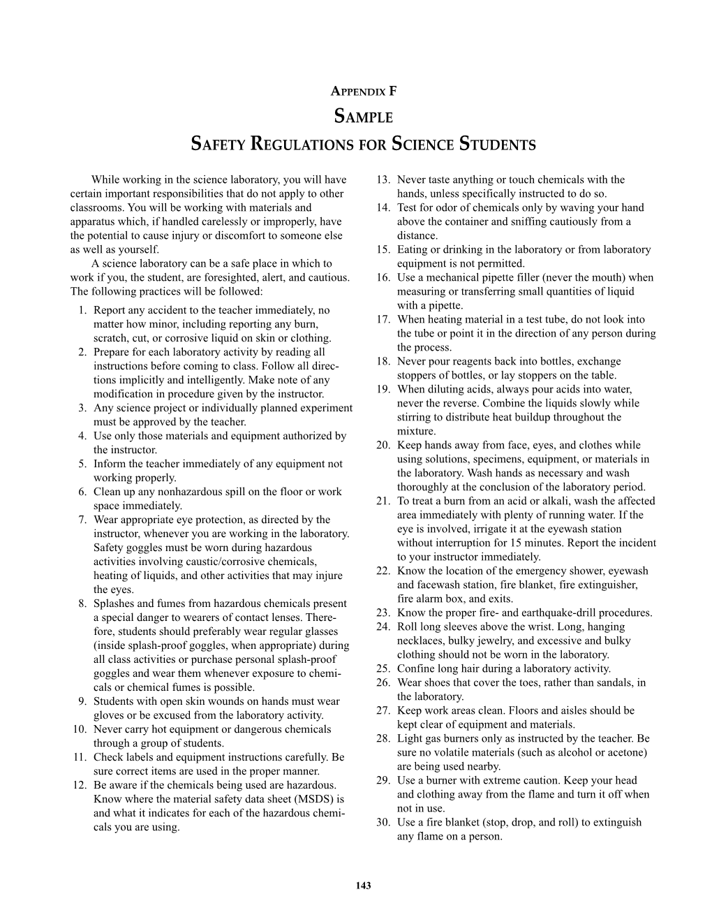 Sample Safety Regulations for Science Students