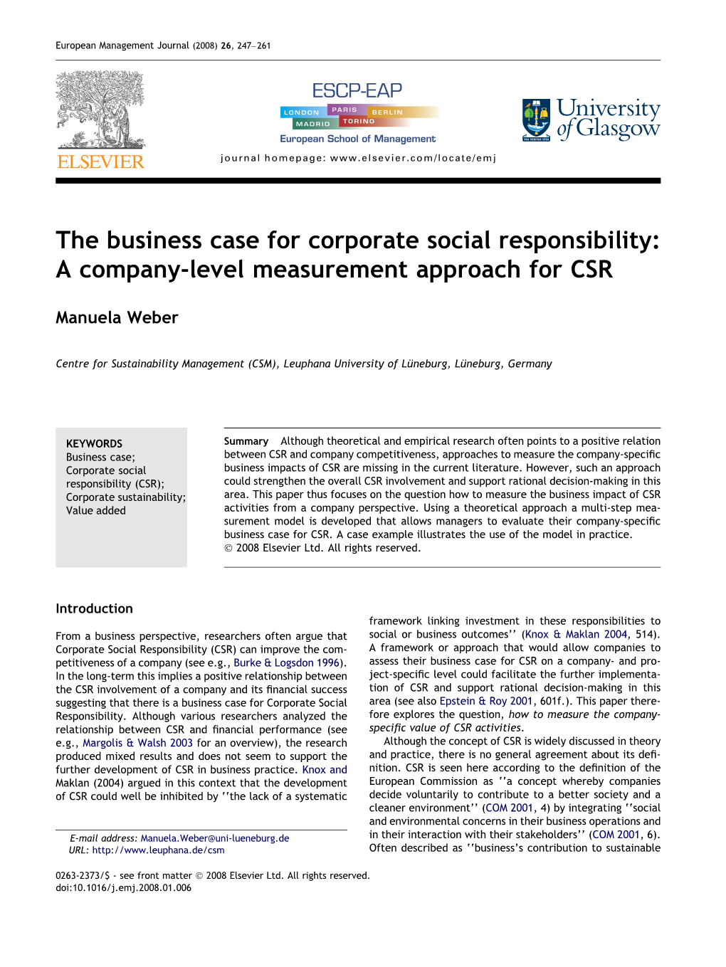 The Business Case for Corporate Social Responsibility: a Company-Level Measurement Approach for CSR