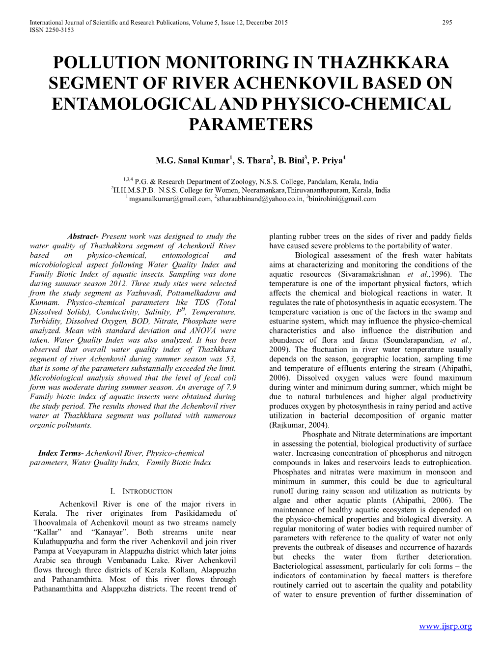 Pollution Monitoring in Thazhkkara Segment of River Achenkovil Based on Entamological and Physico-Chemical Parameters