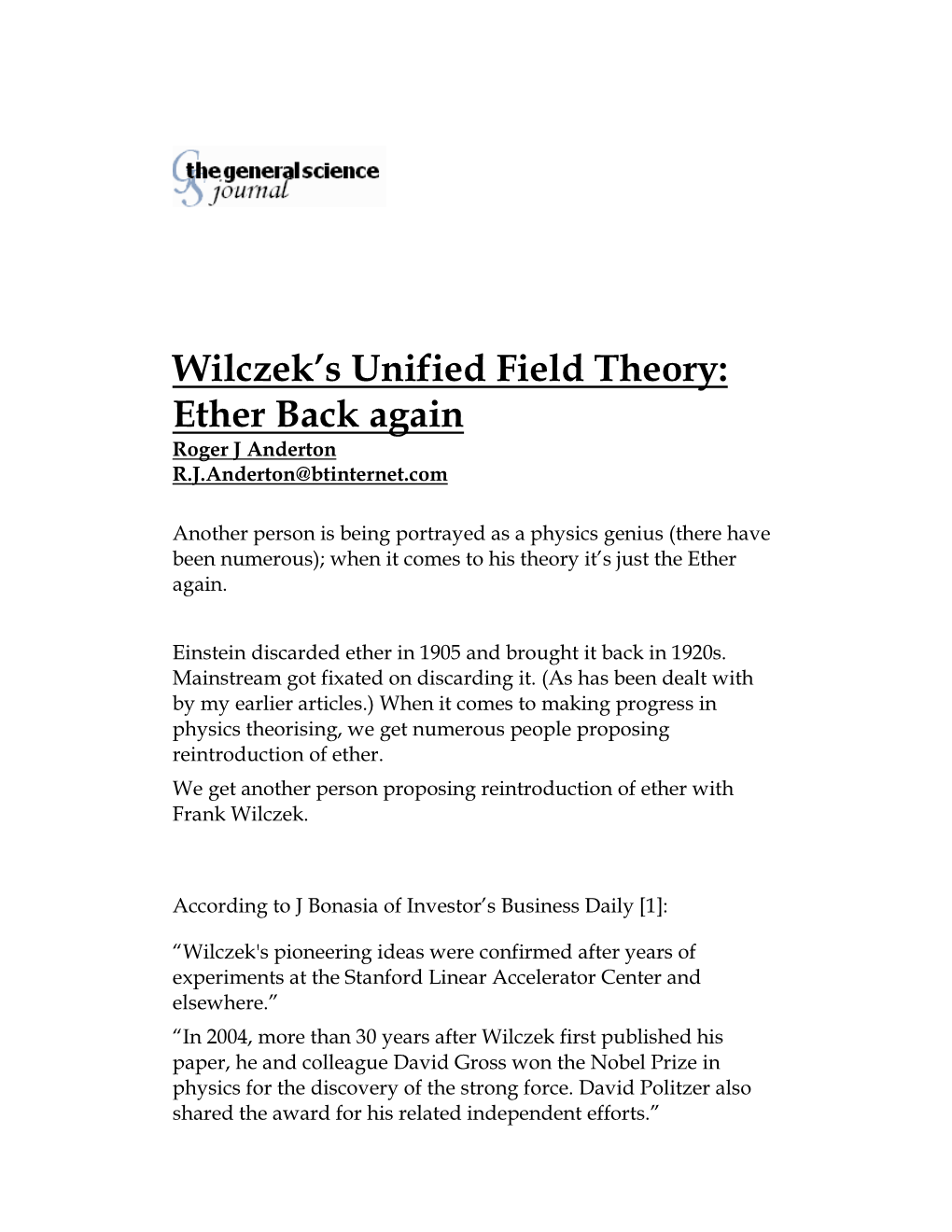 Wilczek's Unified Field Theory: Ether Back Again
