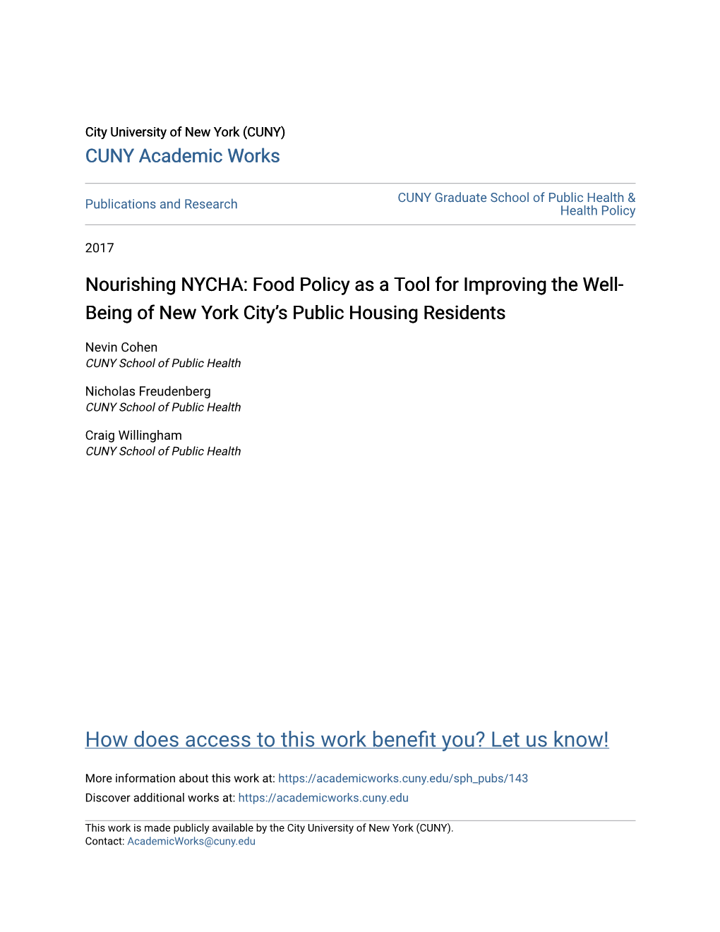 Nourishing NYCHA: Food Policy As a Tool for Improving the Well- Being of New York City’S Public Housing Residents