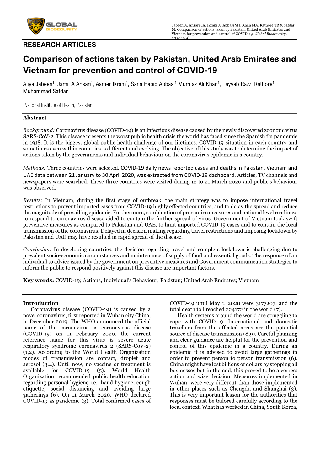 Comparison of Actions Taken by Pakistan, United Arab Emirates and Vietnam for Prevention and Control of COVID-19