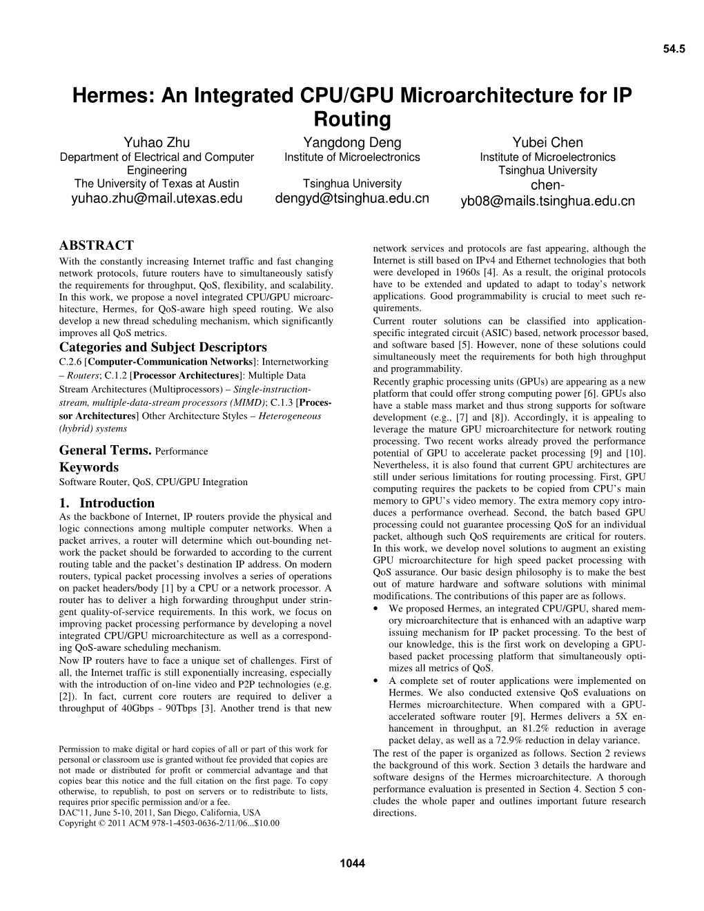 Hermes: an Integrated CPU/GPU Microarchitecture for IP Routing