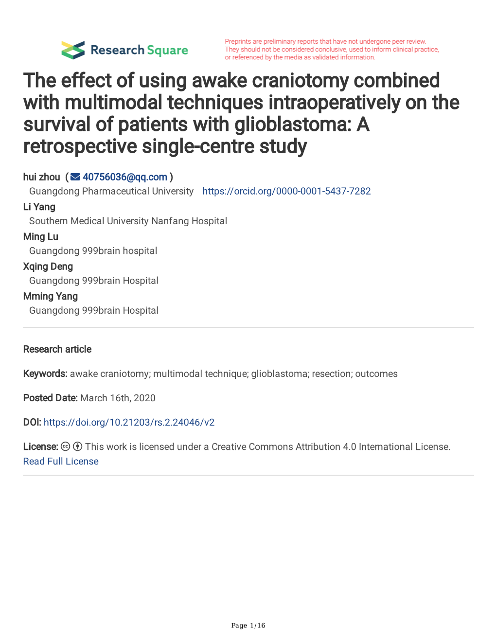 The Effect of Using Awake Craniotomy Combined with Multimodal