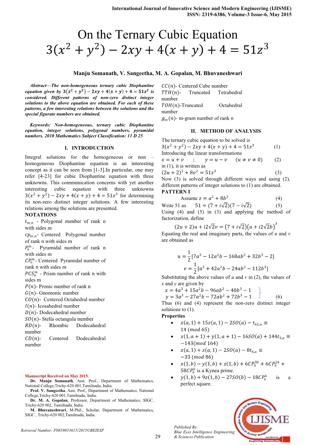 On the Ternary Cubic Equation 3 푥2 + 푦2 − 2푥푦 + 4 푥 + 푦 + 4 = 51푧3