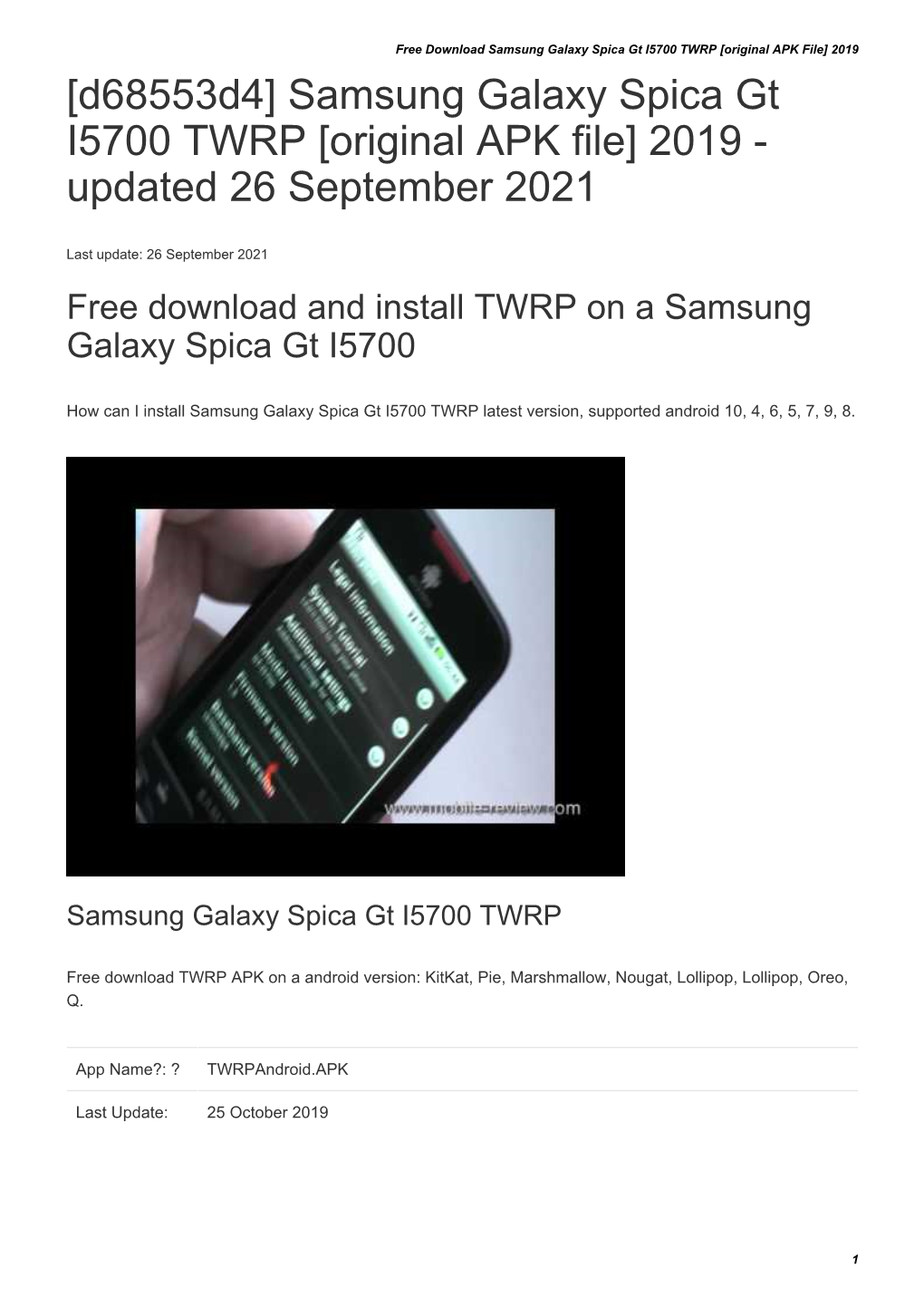 Samsung Galaxy Spica Gt I5700 TWRP [Original APK File] 2019 [D68553d4] Samsung Galaxy Spica Gt I5700 TWRP [Original APK File] 2019 - Updated 26 September 2021