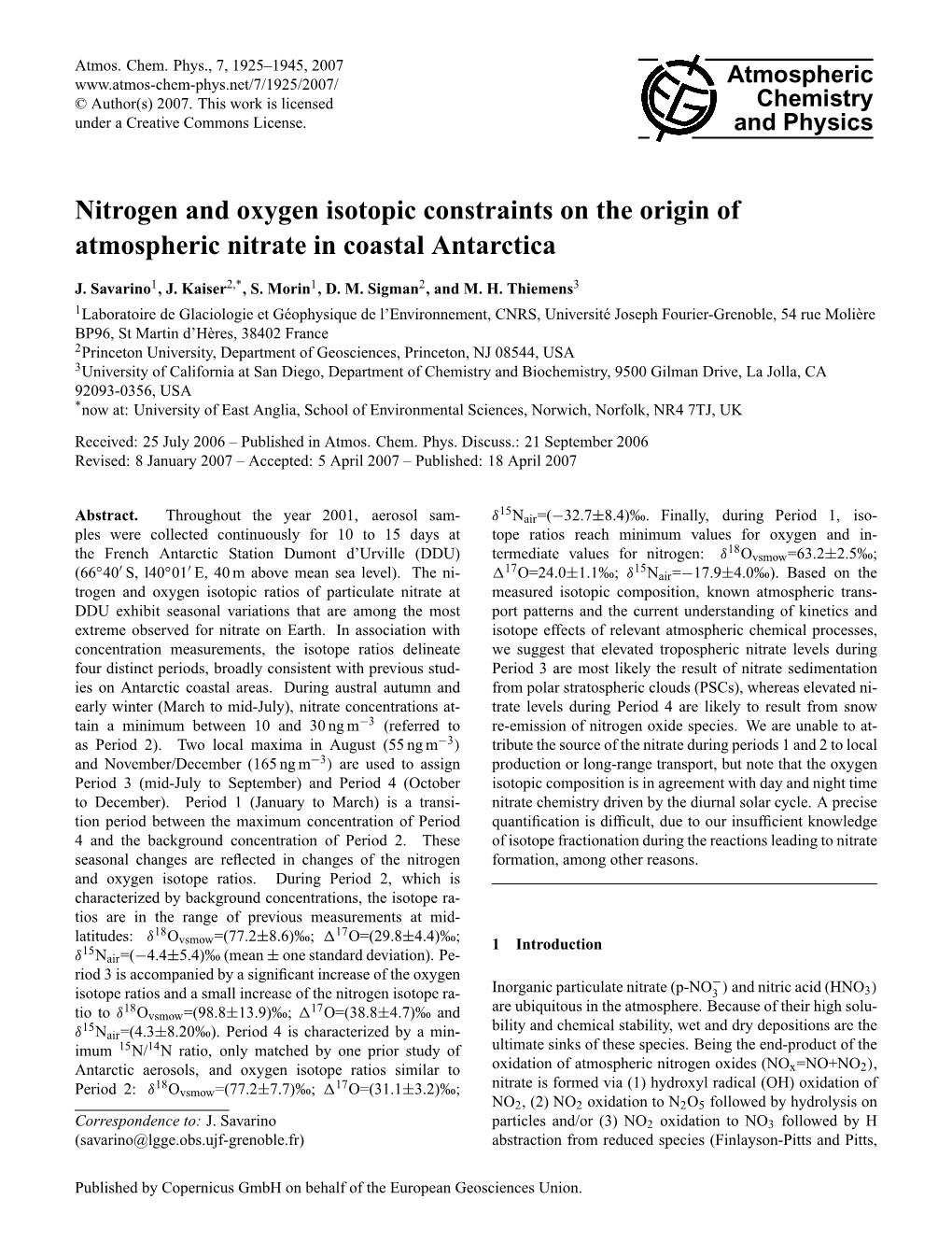 Articles And/Or (3) NO2 Oxidation to NO3 Followed by H (Savarino@Lgge.Obs.Ujf-Grenoble.Fr) Abstraction from Reduced Species (Finlayson-Pitts and Pitts