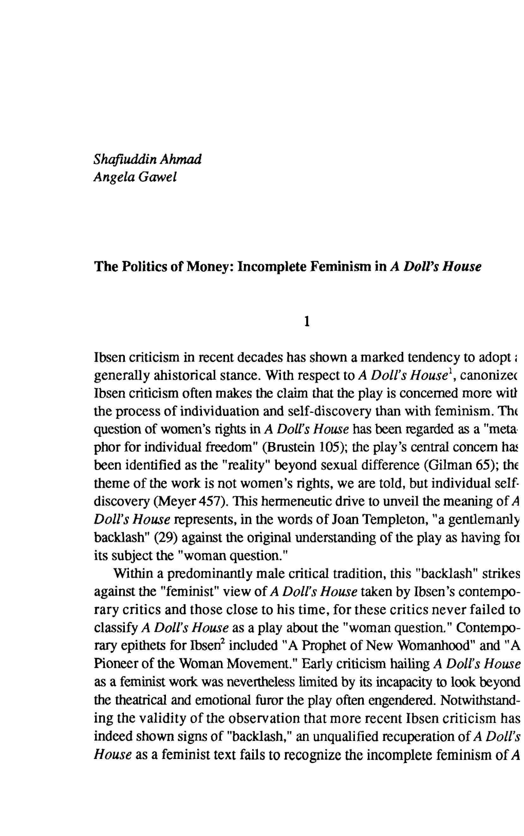 Incomplete Feminism in a Doll's House