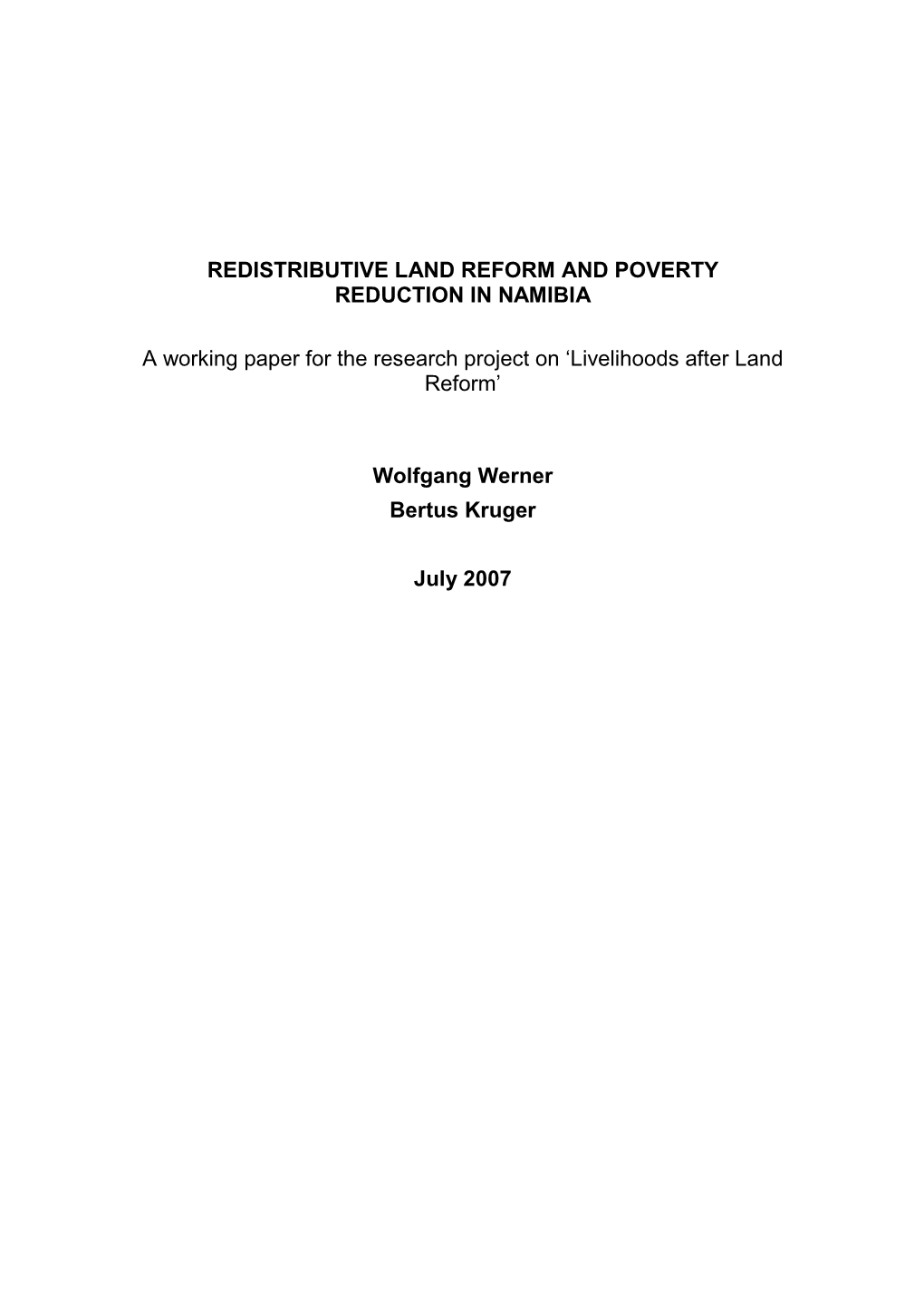 Redistributive Land Reform and Poverty Reduction in Namibia