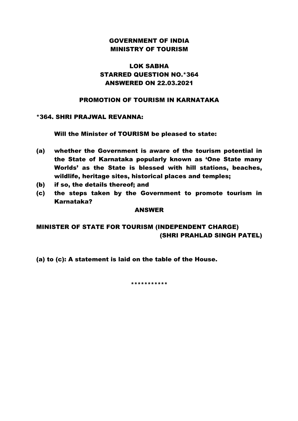 Government of India Ministry of Tourism Lok Sabha Starred Question No.*364 Answered on 22.03.2021 Promotion of Tourism in Karnat