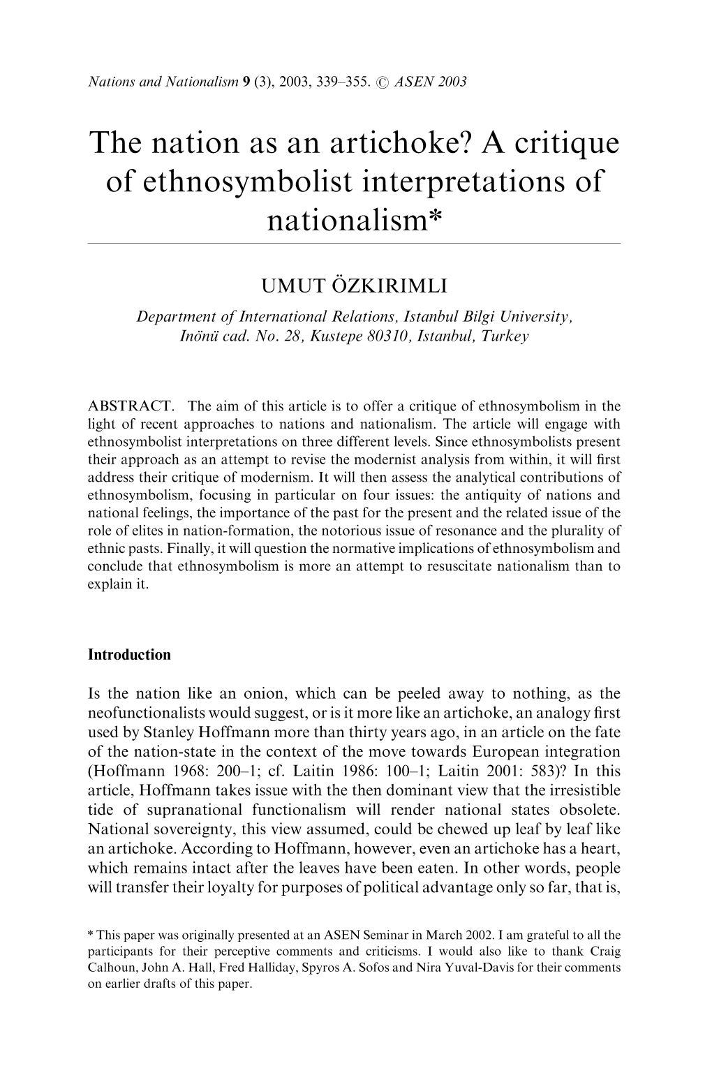 The Nation As an Artichoke? a Critique of Ethnosymbolist Interpretations of Nationalismn