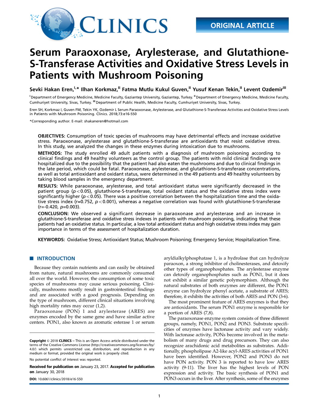 Serum Paraoxonase, Arylesterase, and Glutathione- S-Transferase Activities and Oxidative Stress Levels in Patients with Mushroom Poisoning