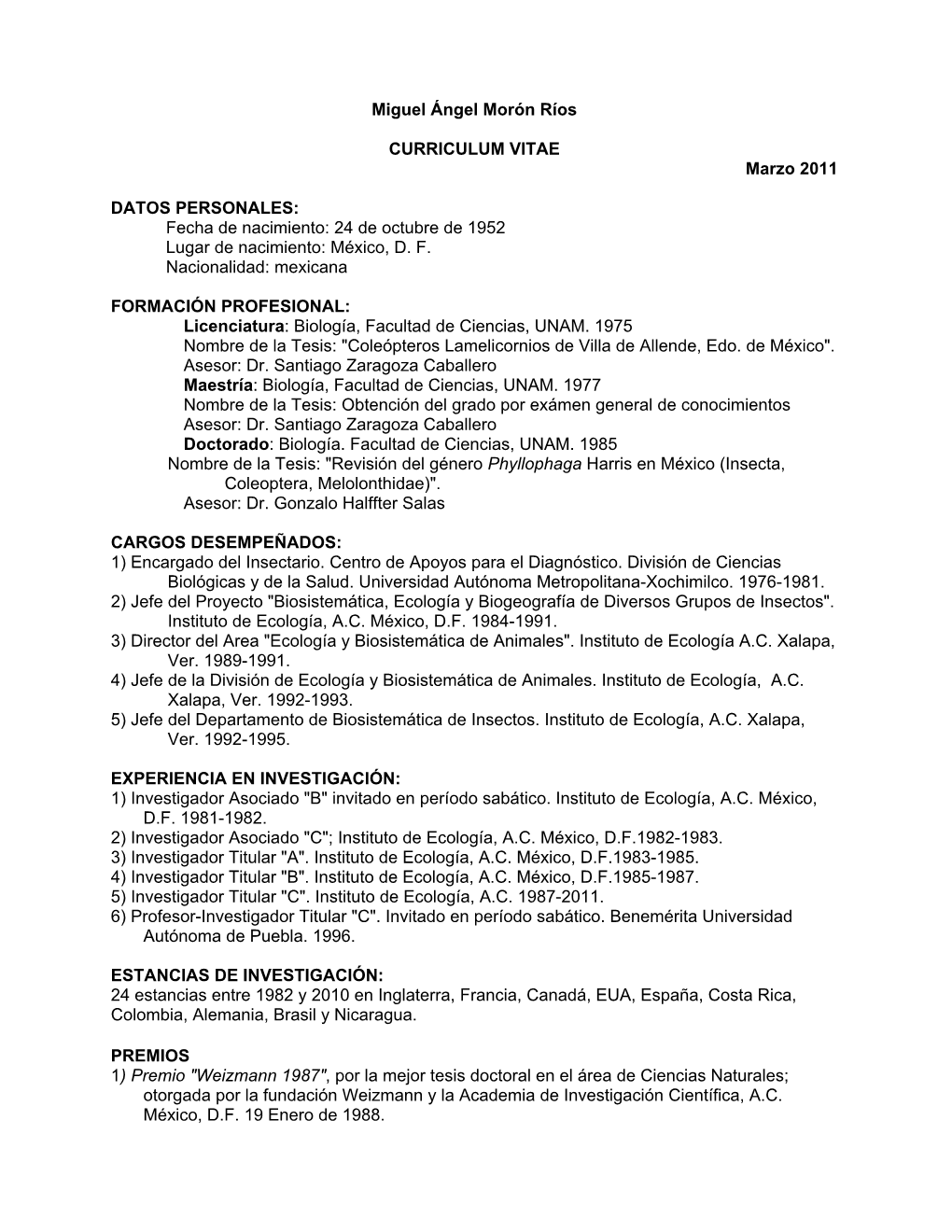 Miguel Ángel Morón Ríos CURRICULUM VITAE