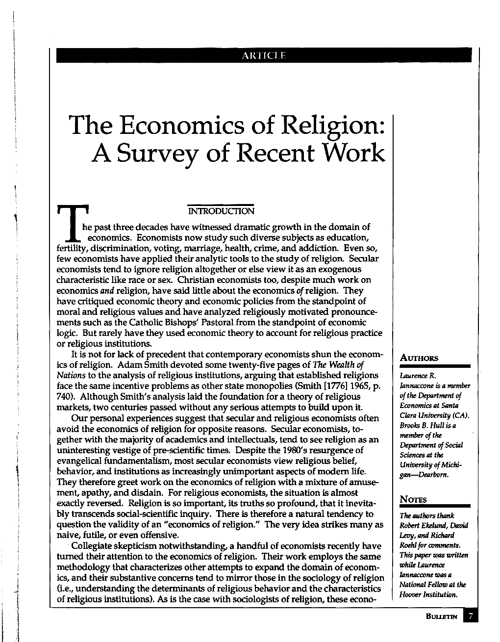 The Economics of Religion: a Survey of Recent Work