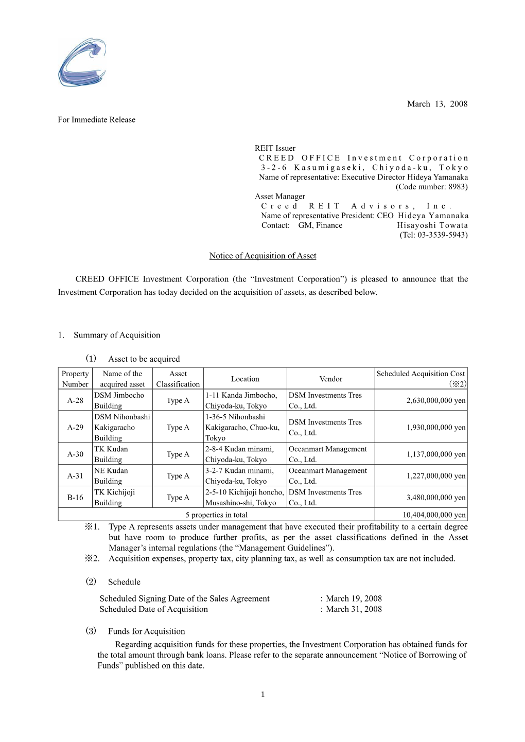 The “Investment Corporation”) Is Pleased to Announce That the Investment Corporation Has Today Decided on the Acquisition of Assets, As Described Below