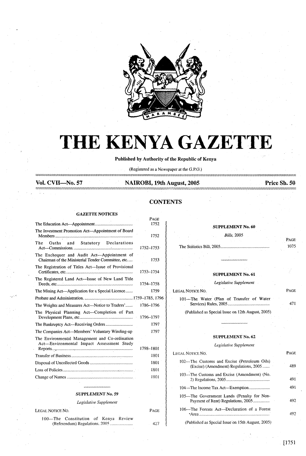 THE KENYA GAZETTE Published by Authority of the Republic of Kenya