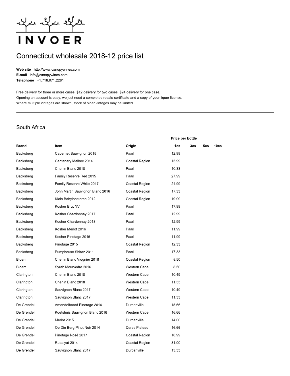 Connecticut Wholesale 2018-12 Price List