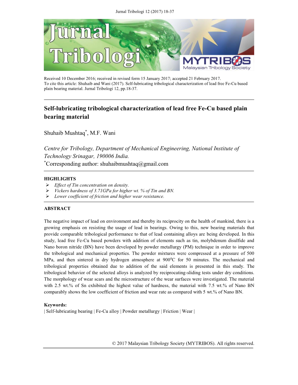 Self-Lubricating Tribological Characterization of Lead Free Fe-Cu Based Plain Bearing Material