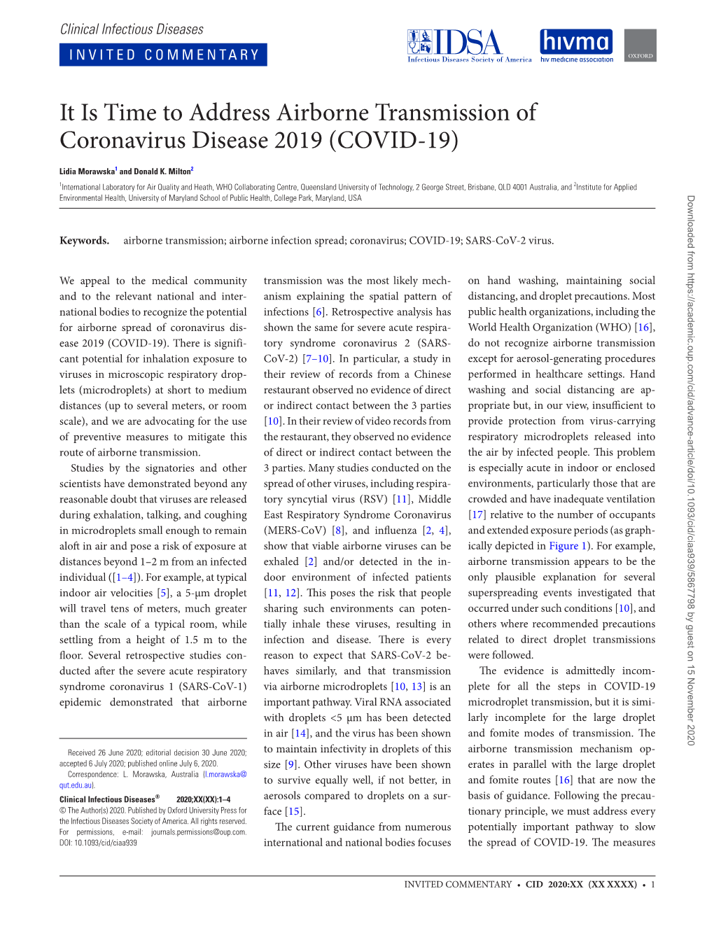 It Is Time to Address Airborne Transmission of Coronavirus Disease 2019 (COVID-19)