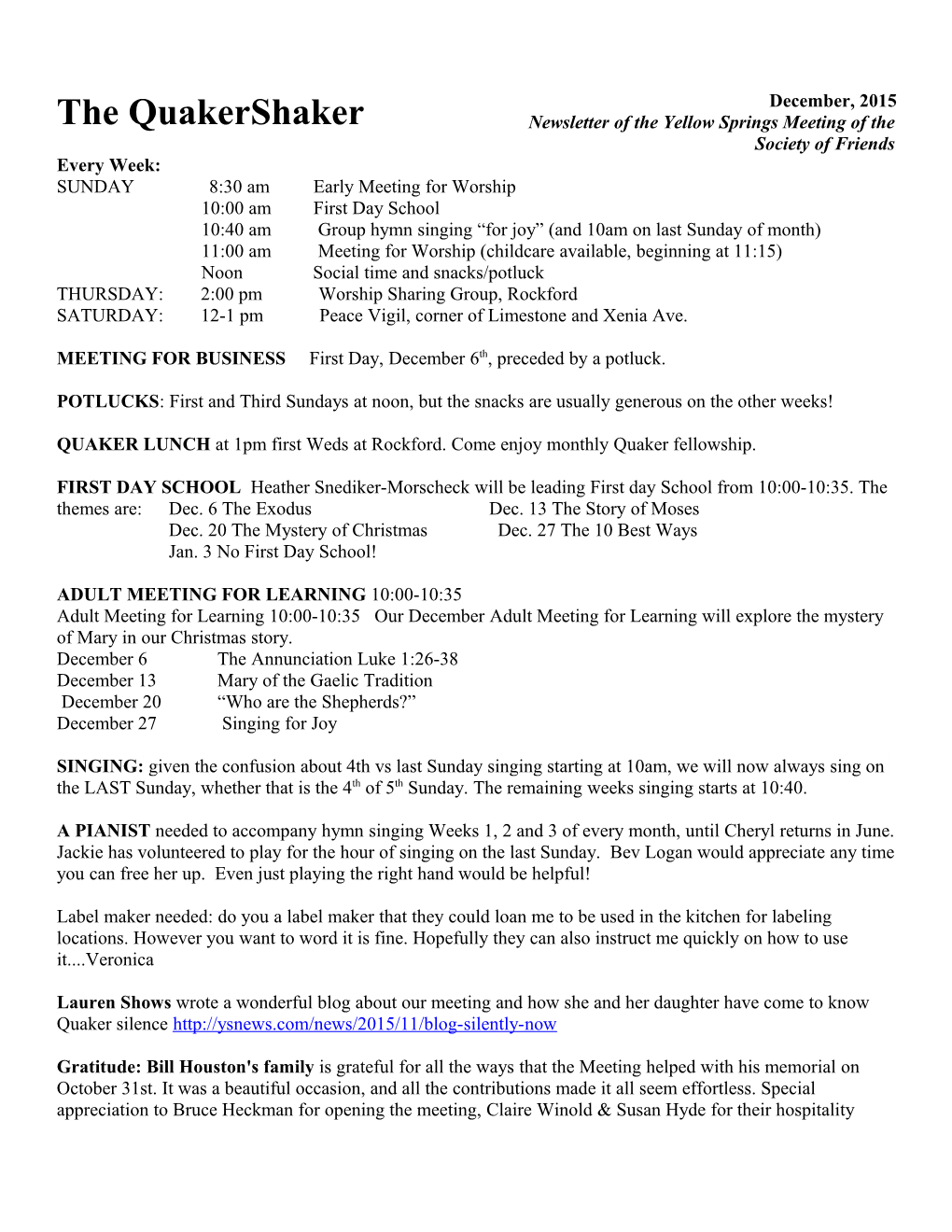 Newsletter of the Yellow Springs Meeting of the Society of Friends