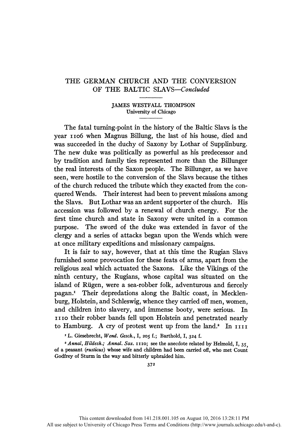 THE GERMAN CHURCH and the CONVERSION of the BALTIC SLAVS--Concluded