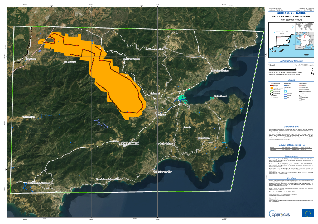 GONFARON, V1 GONFARON - FRANCE Wildfire - Situation As of 16/08/2021 First Estimate Product