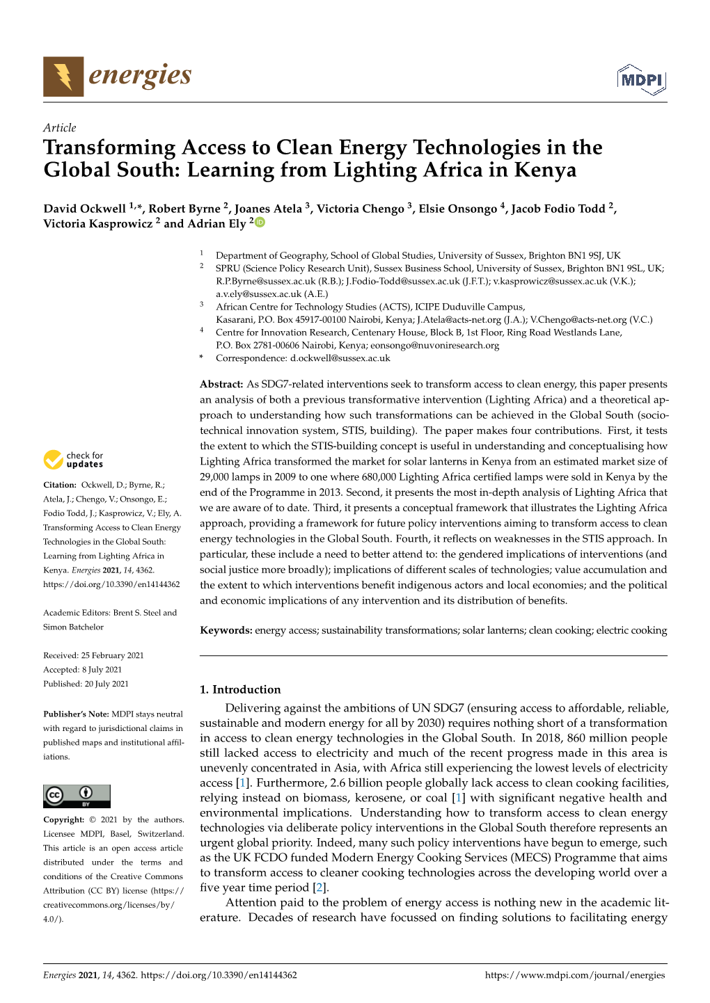 Transforming Access to Clean Energy Technologies in the Global South: Learning from Lighting Africa in Kenya