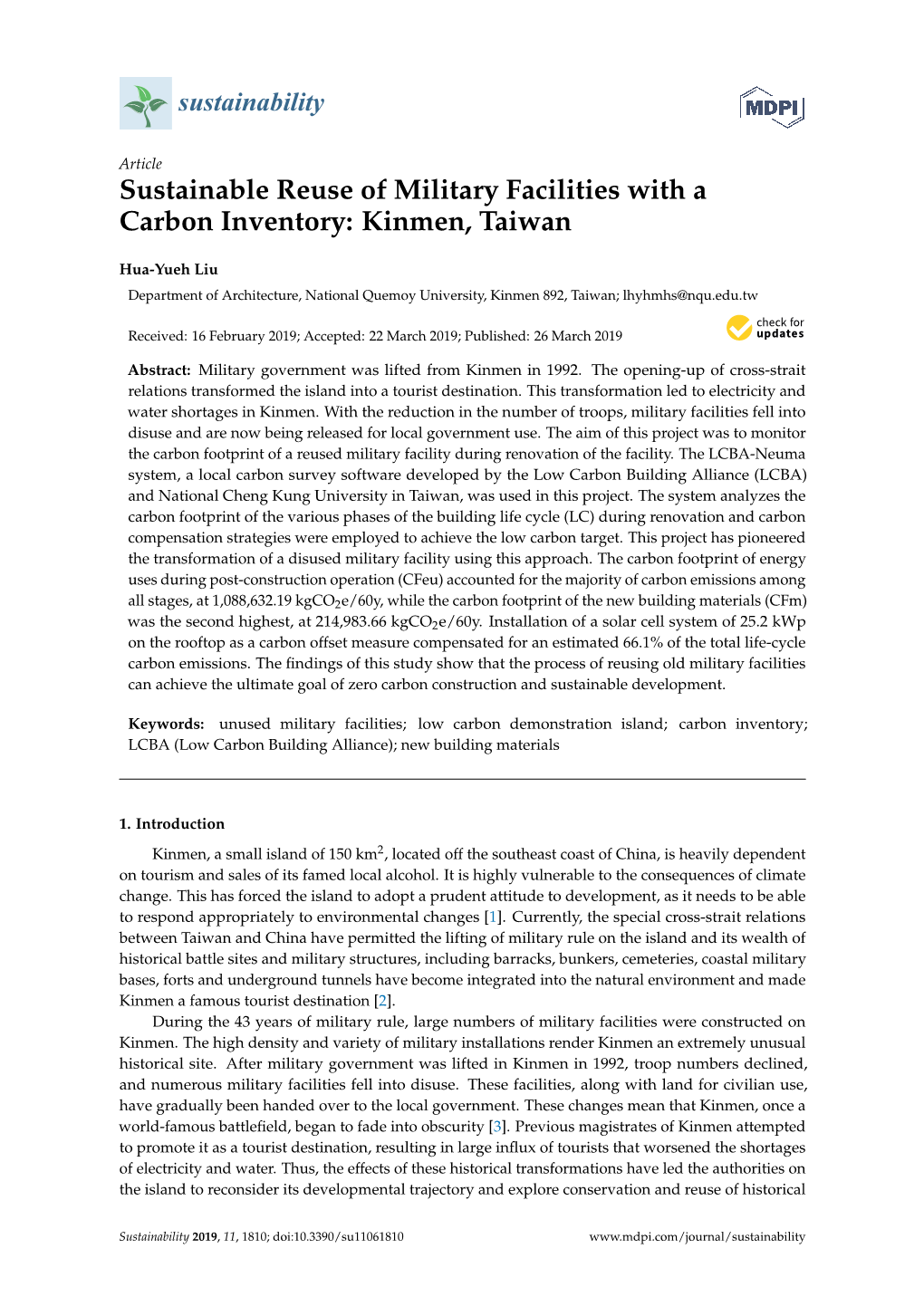 Sustainable Reuse of Military Facilities with a Carbon Inventory: Kinmen, Taiwan