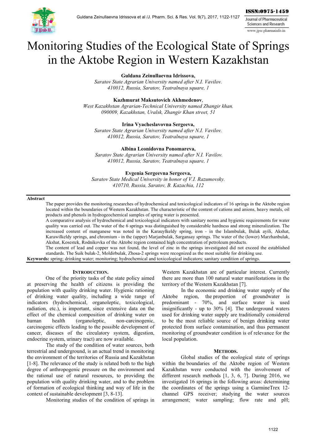 Monitoring Studies of the Ecological State of Springs in the Aktobe Region in Western Kazakhstan