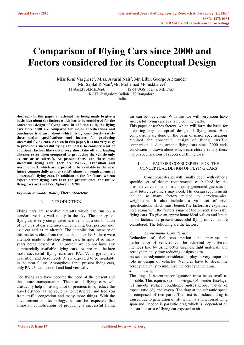 Comparison of Flying Cars Since 2000 and Factors Considered for Its Conceptual Design