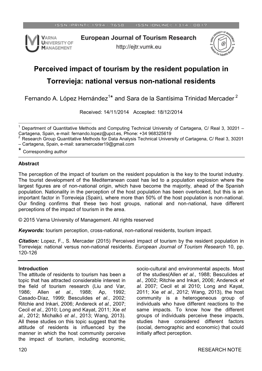 Perceived Impact of Tourism by the Resident Population in Torrevieja: National Versus Non-National Residents