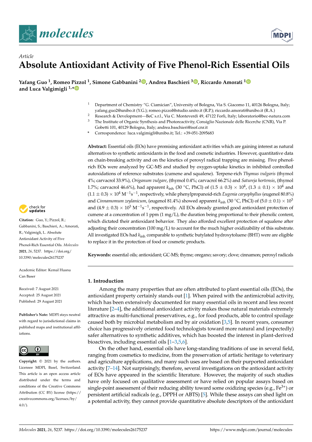 Absolute Antioxidant Activity of Five Phenol-Rich Essential Oils