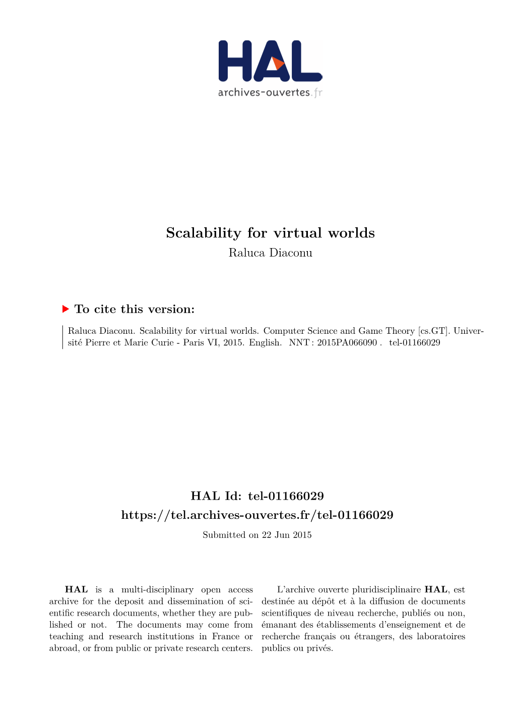 Scalability for Virtual Worlds Raluca Diaconu