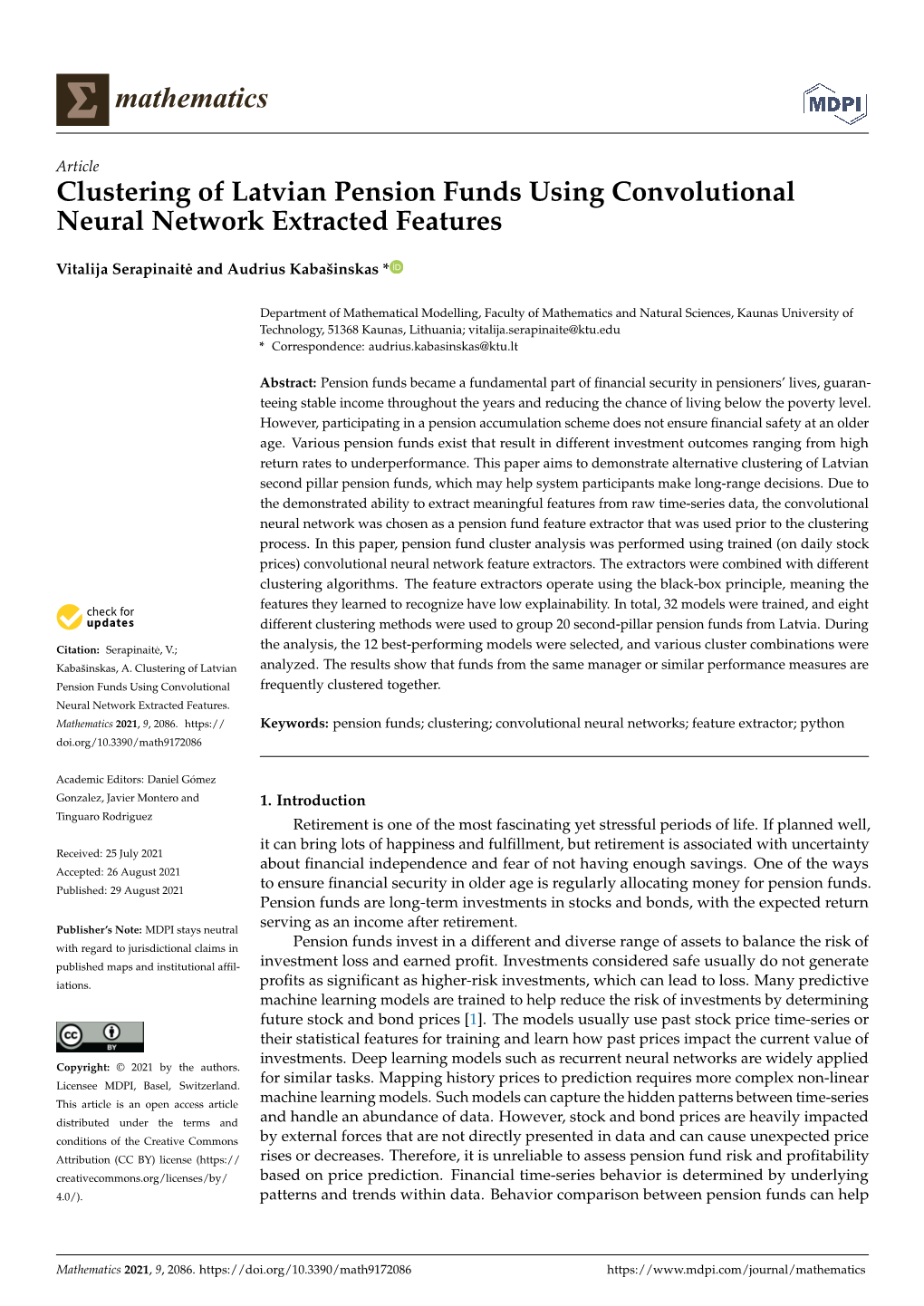 Clustering of Latvian Pension Funds Using Convolutional Neural Network Extracted Features