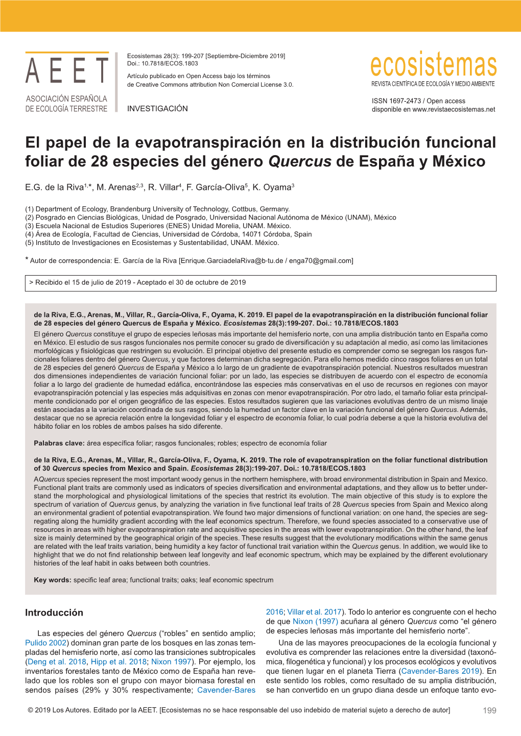 El Papel De La Evapotranspiración En La Distribución Funcional Foliar De 28 Especies Del Género Quercus De España Y México E.G