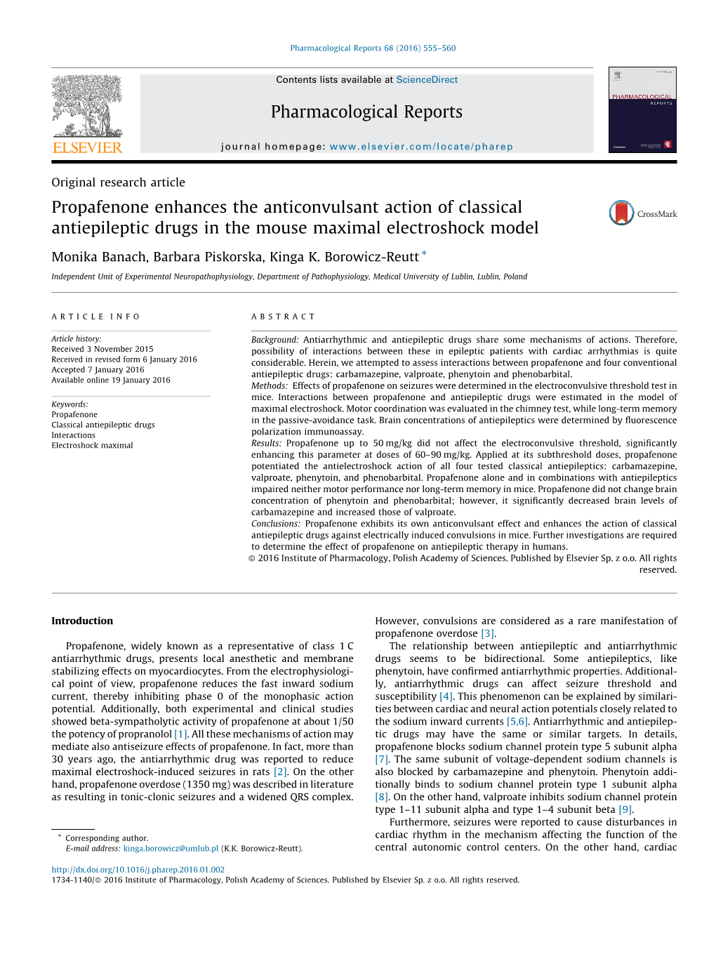 Propafenone Enhances the Anticonvulsant Action of Classical