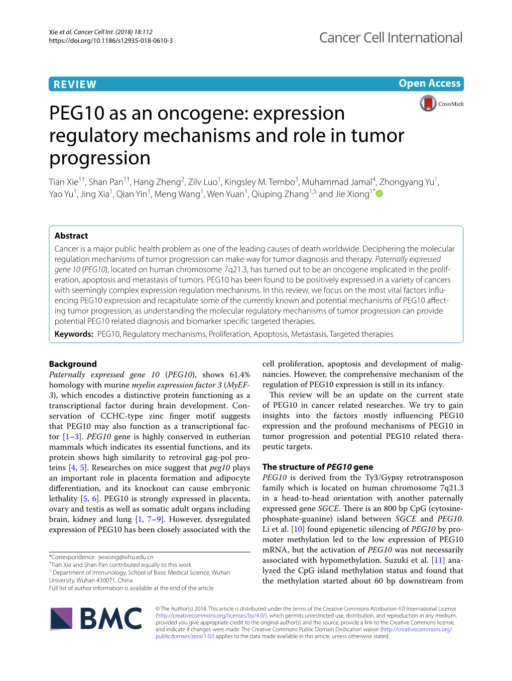 PEG10 As an Oncogene: Expression Regulatory Mechanisms and Role in Tumor Progression Tian Xie1†, Shan Pan1†, Hang Zheng2, Zilv Luo1, Kingsley M