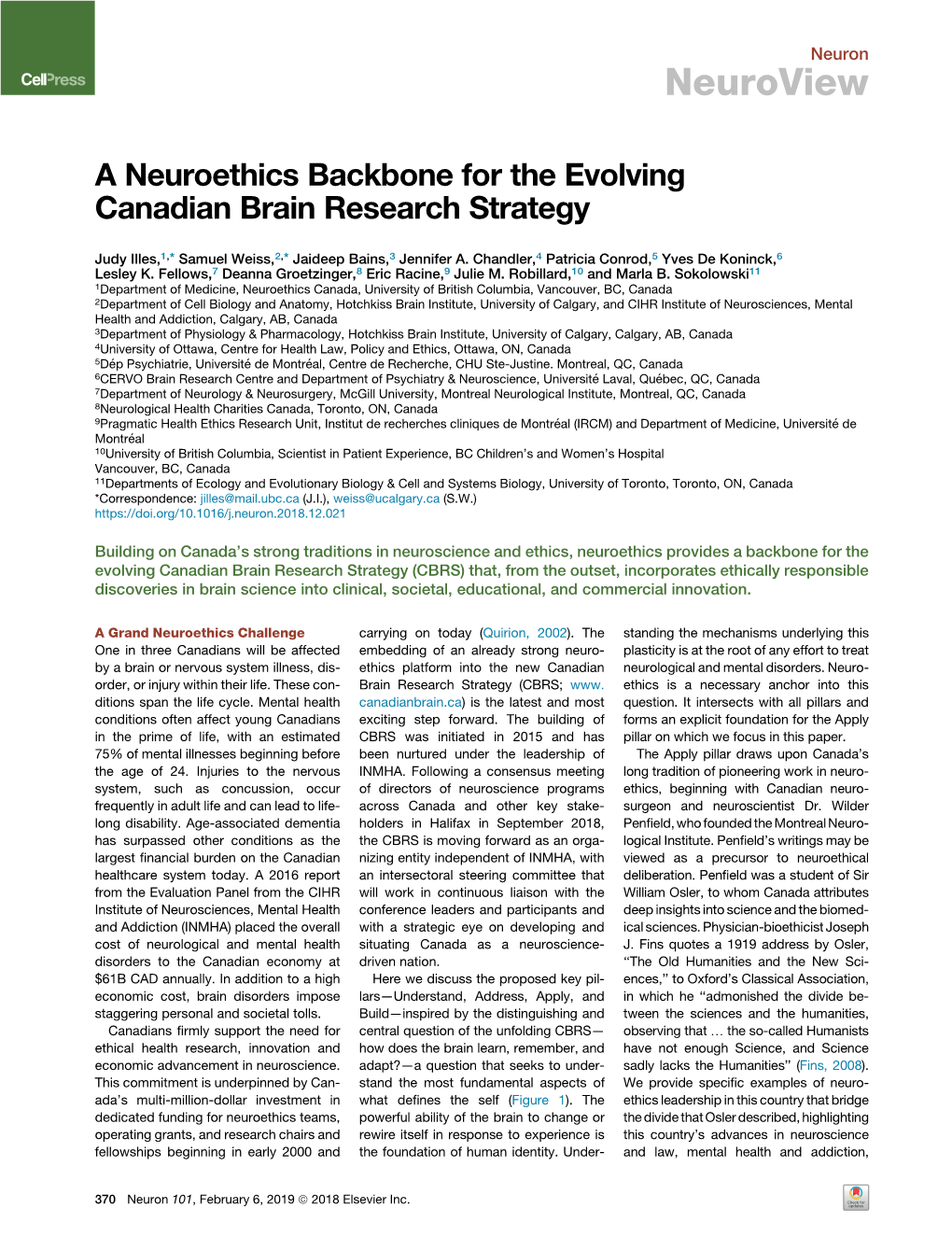 A Neuroethics Backbone for the Evolving Canadian Brain Research Strategy