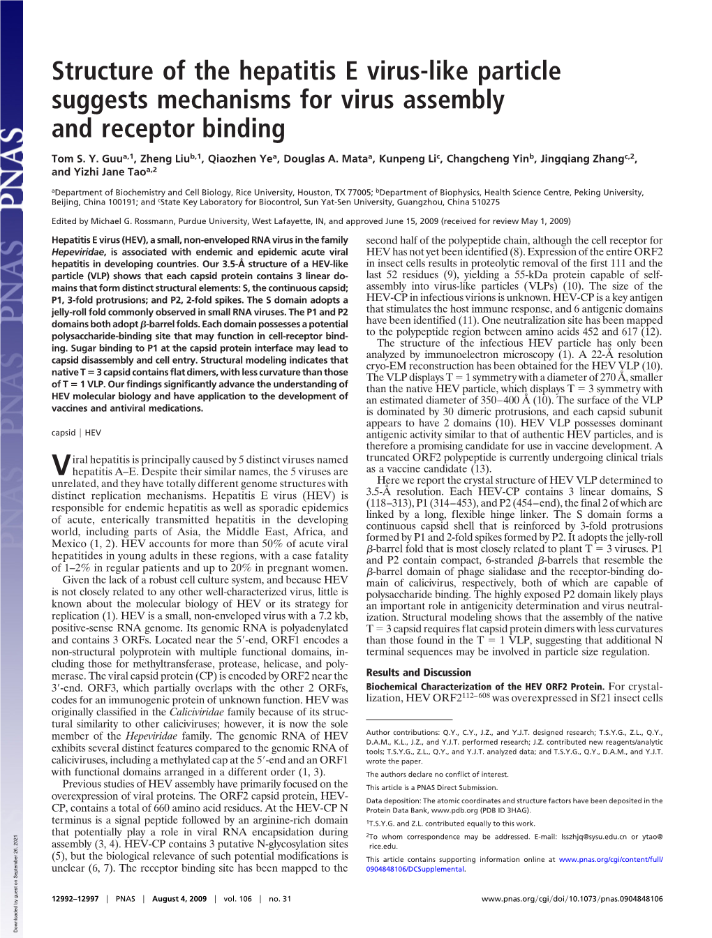 Structure of the Hepatitis E Virus-Like Particle Suggests Mechanisms for Virus Assembly and Receptor Binding