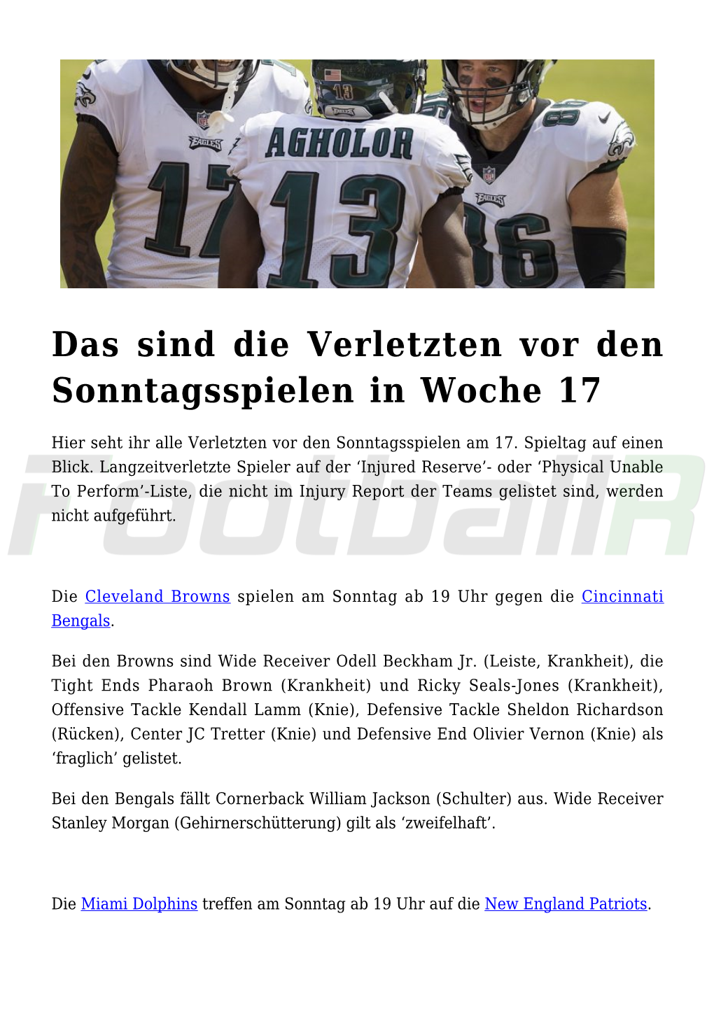 Das Sind Die Verletzten Vor Den Sonntagsspielen in Woche 17