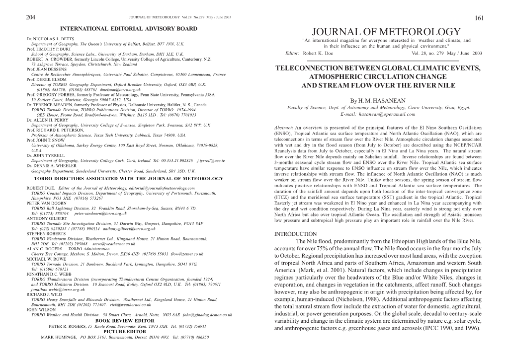 JOURNAL of METEOROLOGY Vol.28 No.279 May / June 2003 161 INTERNATIONAL EDITORIAL ADVISORY BOARD JOURNAL of METEOROLOGY Dr