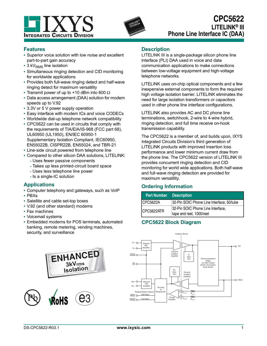 CPC5622 LITELINK® III INTEGRATED CIRCUITS DIVISION Phone Line Interface IC (DAA)